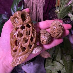 Carved Red Steatite Soapstone Figurine Set Owl + Elephants Spirit Animal Home